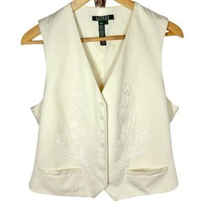 Lauren Ralph Lauren Ivory White Embroidered Vest Size Large Linen Floral